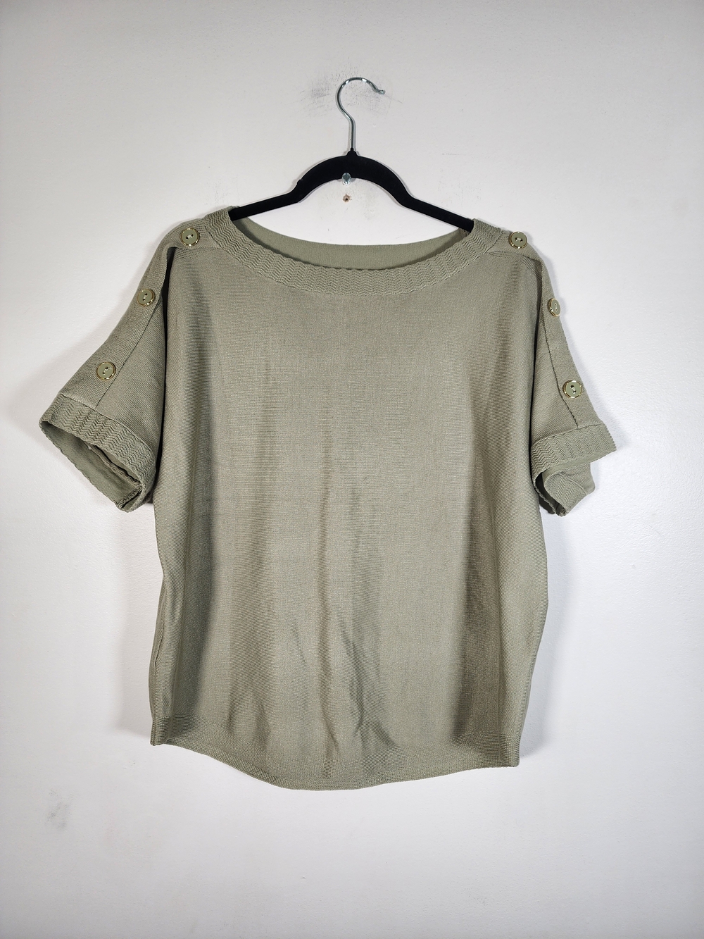 Melissa Paige Sage Green Button-Shoulder Short Sleeve Sweater - Picture 3 of 8